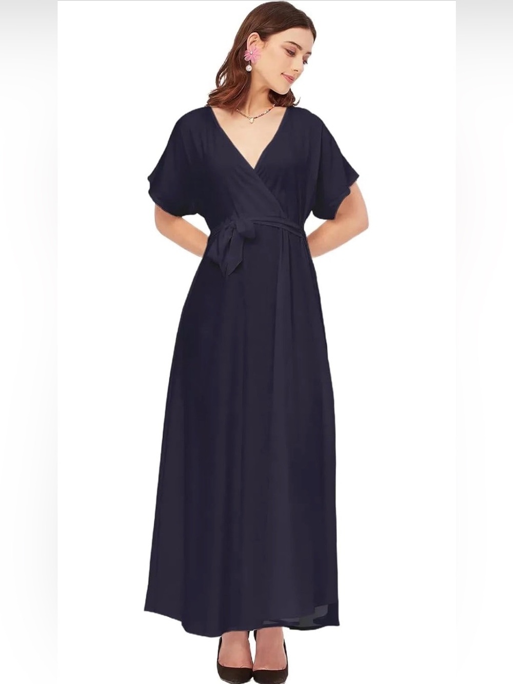 V-Neck Navy Wrap Maxi Dress with Tie Waist